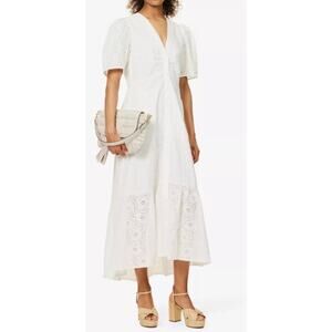 ME+EM Broderie Lace White V-Neck Midi Dress 6 Cottagecore Prairie Tiered